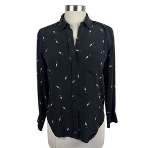 Rails Shirt XS Womens Black Kate Lipstick Print Silk Button Front Collared